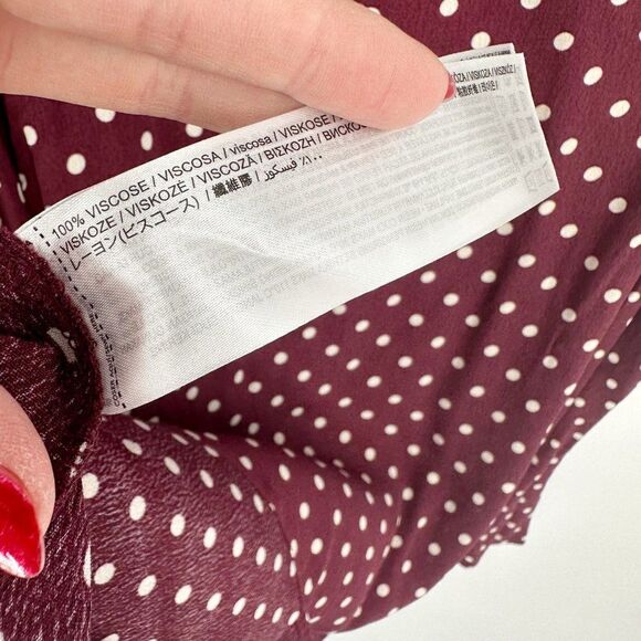 Mango MNG Flowy Polka Dot Mock Mini Dress Balloon Sleeve Burgundy Women's 12 NEW - Picture 9 of 9